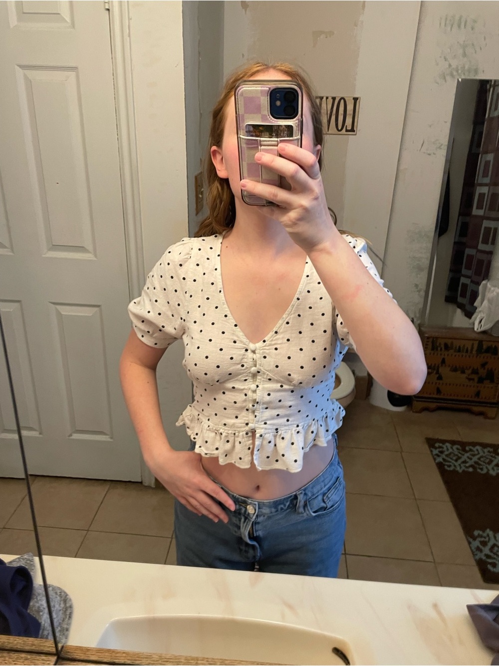 American Eagle Outfitters White Polka Dot V-Neck Ruffle Crop Top